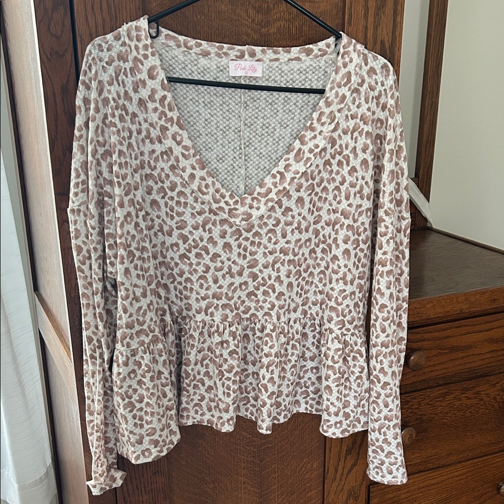 Pink Lily Cream and Brown Animal Print Peplum Blouse